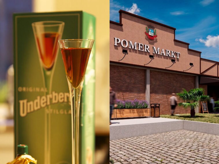 Montagem com taça de Underberg diante da embalagem verde e fachada do Pomer Markt em Pomerode.