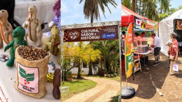 Montagem com saco de grãos de café, entrada do Festival do Café de Marília e barracas de bebidas e alimentos.