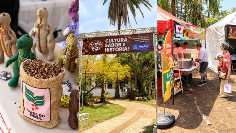 Montagem com saco de grãos de café, entrada do Festival do Café de Marília e barracas de bebidas e alimentos.