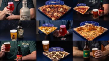 Montagem de fatias de pizza com diferentes coberturas, copos de cerveja e garrafas de cervejarias artesanais.