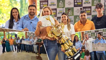 Montagem de premiação de cafés com mulher segurando certificado e troféu dourado, grupos reunidos e entrega de cheques.