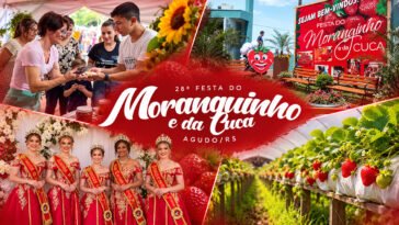 Arte da 28ª Festa do Moranguinho e da Cuca, em Agudo, com feira, representantes em vestidos vermelhos e plantação de morangos.