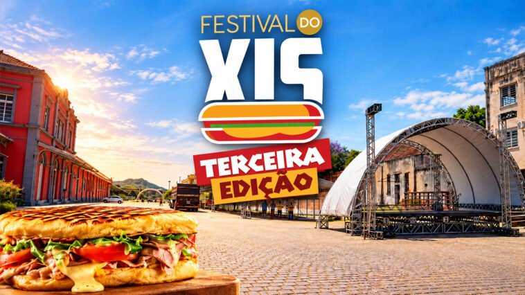 Arte do Festival do Xis com sanduíche recheado em primeiro plano, palco de evento e chamada Terceira Edição.
