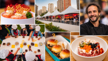 Montagem com pratos decorados, barracas de evento gastronômico, chef sorrindo e participantes preparando alimentos.