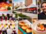Montagem com pratos decorados, barracas de evento gastron&ocirc;mico, chef sorrindo e participantes preparando alimentos.