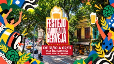 Arte do Festejo Carioca da Cerveja, de 31 de outubro a 2 de novembro, com ilustra&ccedil;&otilde;es de chope e barril sobre uma rua arborizada.