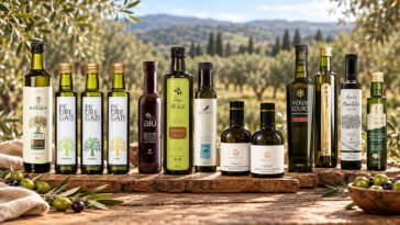 Garrafas de azeite de diferentes marcas brasileiras alinhadas sobre madeira, com oliveiras e montanhas ao fundo.