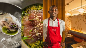 Montagem com ostra ao molho verde, fatias de peixe cru com gergelim, chef de avental vermelho e sal&atilde;o de restaurante.