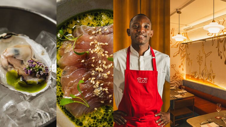Montagem com ostra ao molho verde, fatias de peixe cru com gergelim, chef de avental vermelho e salão de restaurante.