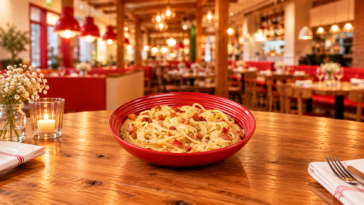Prato de massa ao molho cremoso com pedaços dourados em tigela vermelha, sobre mesa de restaurante.