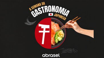 Arte da Semana da Gastronomia Japonesa, com tigela de peixe, ovas e pepino, mão segurando hashis e logotipo da Abrasel.