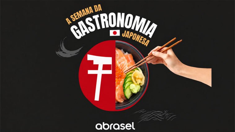 Arte da Semana da Gastronomia Japonesa, com tigela de peixe, ovas e pepino, mão segurando hashis e logotipo da Abrasel.