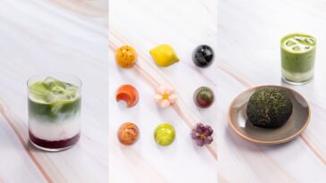 Montagem de bebidas verdes com gelo e sobremesas pequenas e coloridas, incluindo doce esférico coberto com pó verde.