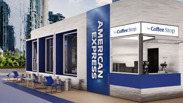 Estrutura azul e branca da American Express com cafeteria The Coffee Stop, janelas amplas e mesas externas.