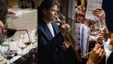 Montagem de degustação de vinhos, com vinho tinto sendo servido, mulher provando vinho branco e participante avaliando uma taça.