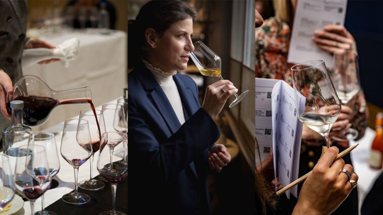 Montagem de degustação de vinhos, com vinho tinto sendo servido, mulher provando vinho branco e participante avaliando uma taça.