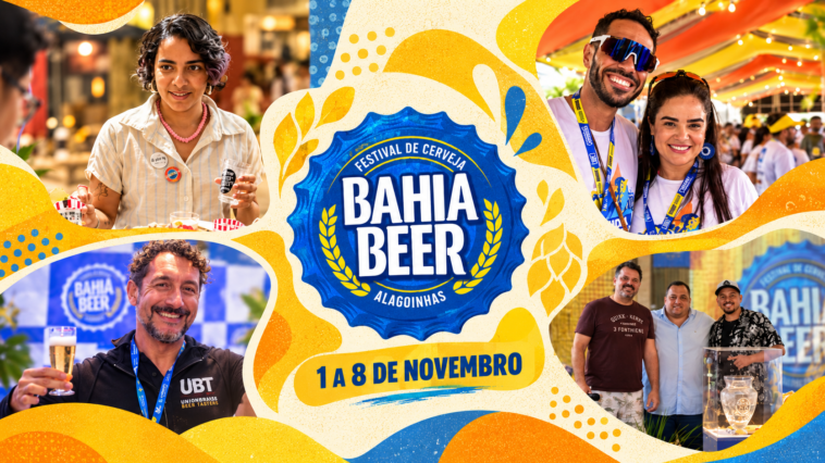 Arte do Bahia Beer Festival com fotos de participantes e logotipo central, anunciando 1 a 8 de novembro em Alagoinhas.