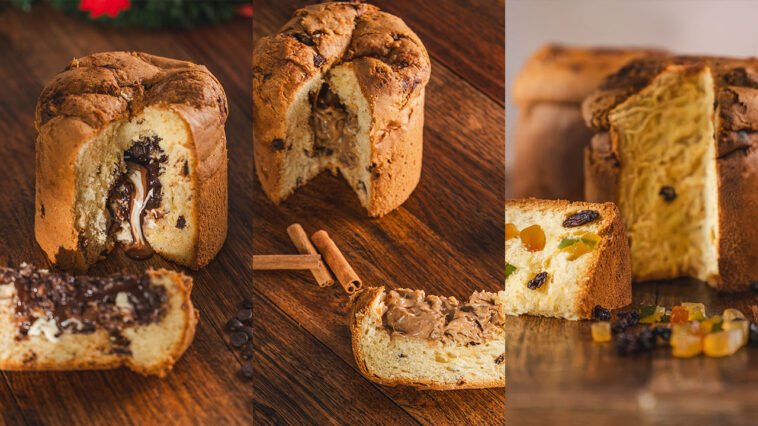 Montagem de panettones cortados, com recheios cremosos de chocolate e caramelo e fatias com frutas cristalizadas.