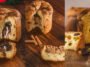 Montagem de panettones cortados, com recheios cremosos de chocolate e caramelo e fatias com frutas cristalizadas.