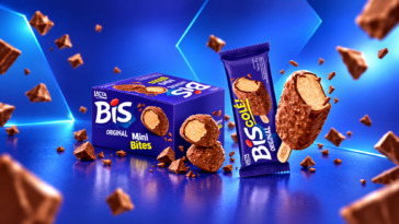 Embalagens azuis de BIS Mini Bites e BIScolé com pedaços de chocolate e wafer sobre fundo azul.