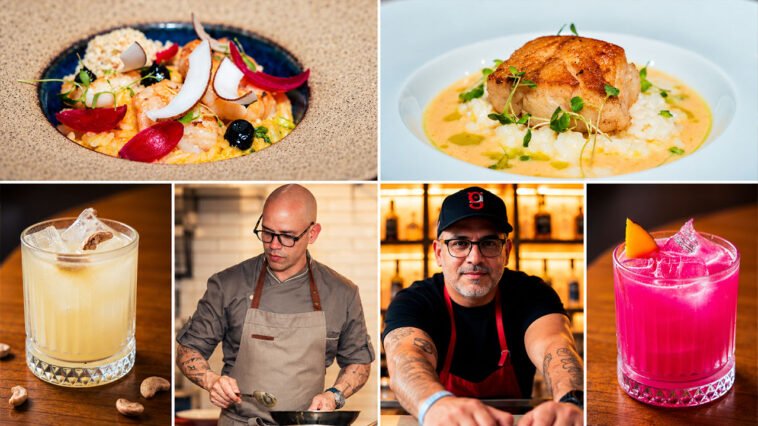 Montagem com pratos de camarões e peixe, dois profissionais na cozinha e coquetéis amarelo e rosa.