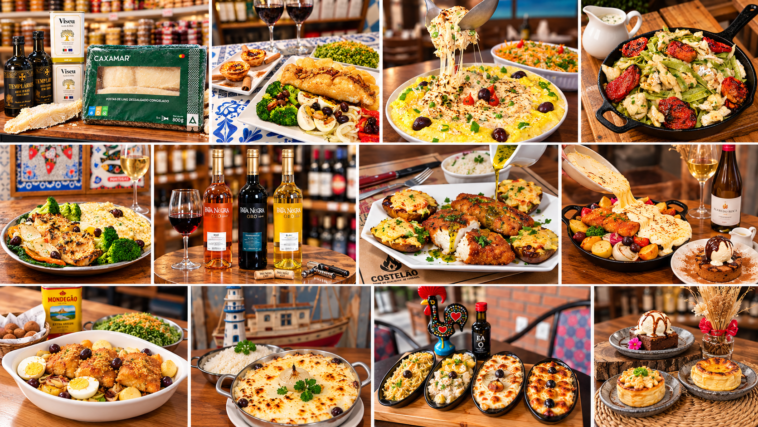 Colagem de pratos de bacalhau em diferentes preparos, vinhos e sobremesas em mesas de restaurante.