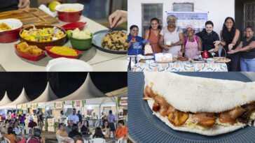 Montagem com pratos regionais, grupo de produtores atrás de mesa de doces, barracas de feira e sanduíche recheado.