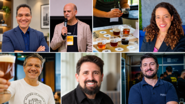 Montagem com retratos de seis profissionais e copos de cerveja dispostos para degustação.
