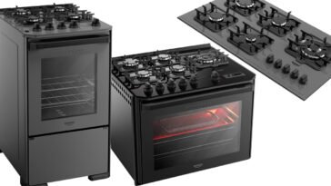 Dois fogões pretos da linha Diplomata da Dako e um cooktop de cinco bocas, apresentados sobre fundo branco.