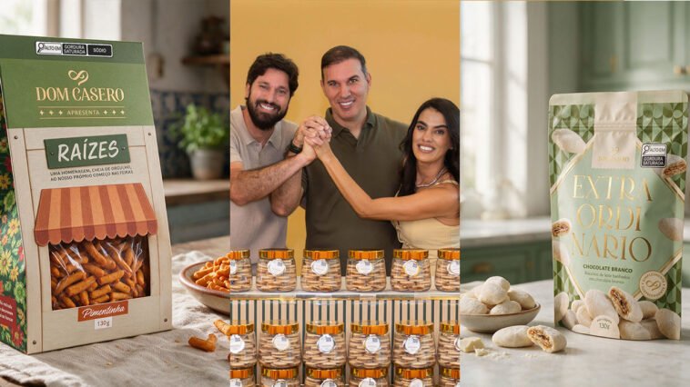 Montagem com embalagem de petiscos Dom Casero Raízes, três pessoas atrás de potes de biscoitos e pacote de doces cobertos com chocolate branco.