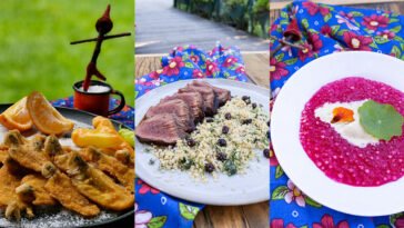 Montagem com peixes fritos e fatias de laranja, carne fatiada com farofa e prato de preparação rosa com creme branco.
