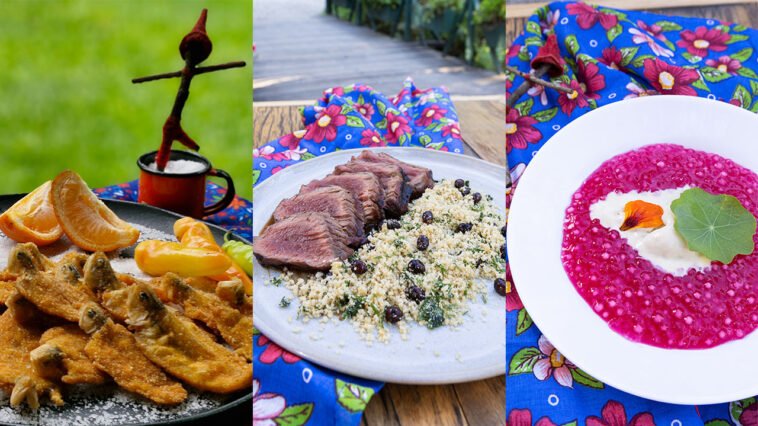 Montagem com peixes fritos e fatias de laranja, carne fatiada com farofa e prato de preparação rosa com creme branco.