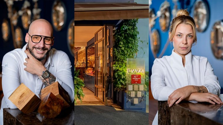 Montagem com homem de óculos e barba, entrada do restaurante Evvai com placa Michelin 2026 e mulher de uniforme branco.