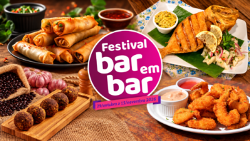 Arte do Festival Bar em Bar 2026 cercada por petiscos, incluindo rolinhos fritos, peixe grelhado e porções empanadas.