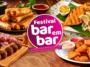 Arte do Festival Bar em Bar 2026 cercada por petiscos, incluindo rolinhos fritos, peixe grelhado e por&ccedil;&otilde;es empanadas.