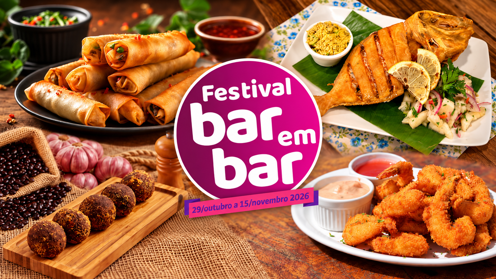 Arte do Festival Bar em Bar 2026 cercada por petiscos, incluindo rolinhos fritos, peixe grelhado e por&ccedil;&otilde;es empanadas.