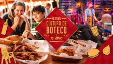 Arte dos dez anos do Festival Cultura de Boteco, com petiscos, mulher comendo sanduíche e apresentação musical.