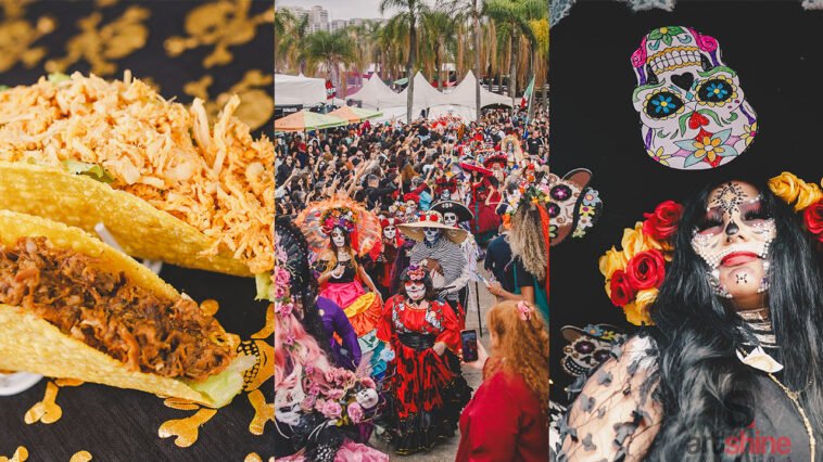 Montagem com tacos recheados, multidão fantasiada para o Día de Muertos e mulher com maquiagem de caveira e flores no cabelo.