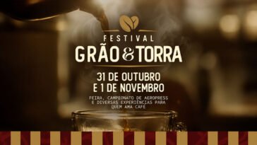 Cartaz do Festival Grão & Torra com café sendo servido e datas de 31 de outubro e 1º de novembro.
