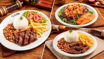 Montagem de pratos do Griletto com carne grelhada, arroz, feijão e fritas, além de salada com filé de salmão.