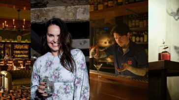 Montagem com ambiente de bar, mulher segurando coquetel e bartender preparando bebida no balcão.