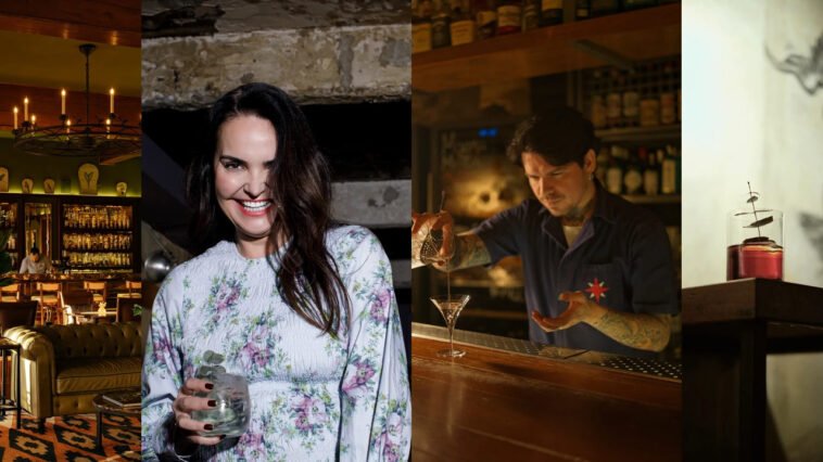 Montagem com ambiente de bar, mulher segurando coquetel e bartender preparando bebida no balcão.