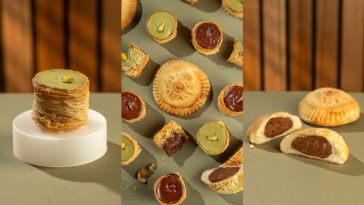 Montagem de doces do Kebab Shop com massas finas recheadas de cremes verde e marrom e biscoitos redondos com recheio escuro.