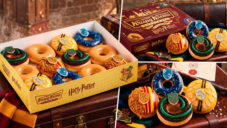 Caixa temática de Harry Potter da Krispy Kreme com doze donuts, coberturas coloridas e brasões das casas de Hogwarts.