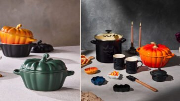 Montagem de panelas Le Creuset em formato de abóbora nas cores verde e laranja, ao lado de peças pretas com morcegos e velas acesas.
