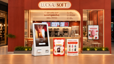 Fachada da Luckau Soft com quiosque de autoatendimento e cartazes de chaveiros colecionáveis.