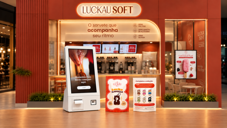 Fachada da Luckau Soft com quiosque de autoatendimento e cartazes de chaveiros colecionáveis.