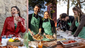 Montagem com mulher segurando taça de vinho, dupla de avental verde exibindo pizzas e participantes preparando massas ao ar livre.