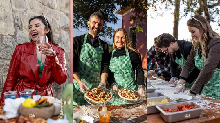 Montagem com mulher segurando taça de vinho, dupla de avental verde exibindo pizzas e participantes preparando massas ao ar livre.