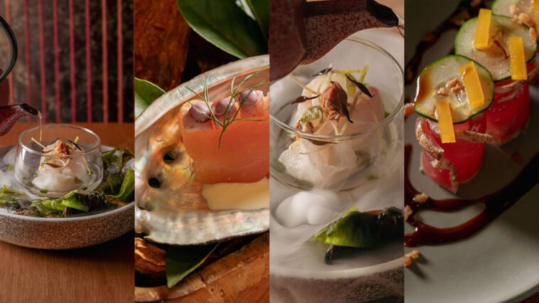 Montagem de pratos com peixe cru, frutos do mar, vegetais e molhos, incluindo uma apresentação com fumaça branca.